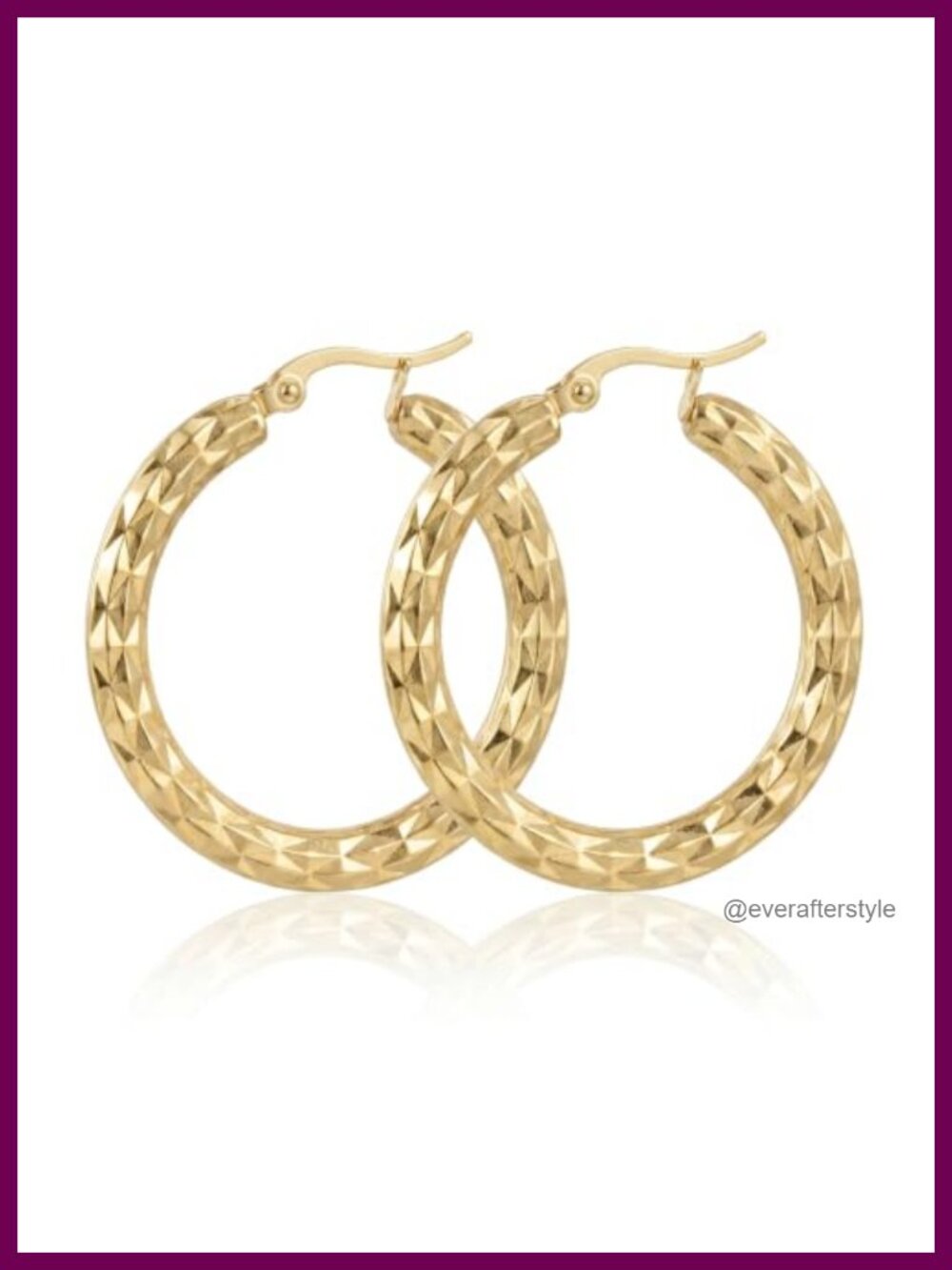 14K Gold Plated Diamond Cut Textured Hoop Earrings - 35mm Lightweight